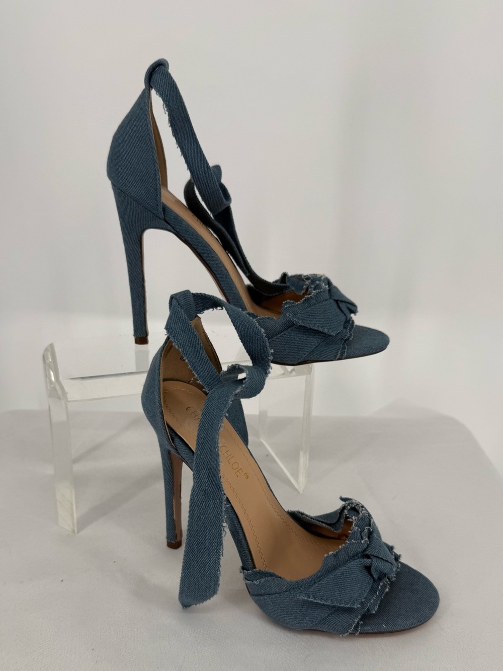 Chase + Chloe Denim Blue High Heel Sandals with Bow & Ankle Tie Size 6.5 NWOT